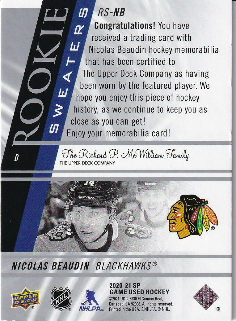 2020-21 SP Game Used Rookie Sweaters #RS-NB Nicolas Beaudin Chicago Blackhawks