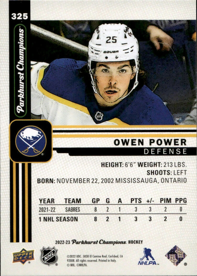 2022-23 Upper Deck Parkhurst Champions - Base #325 Owen Power - Buffalo Sabres - B