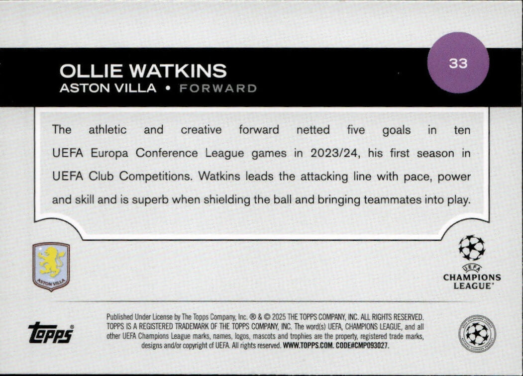2024-25 Topps UEFA Club Competitions - Base #33 Ollie Watkins - Aston Villa - B