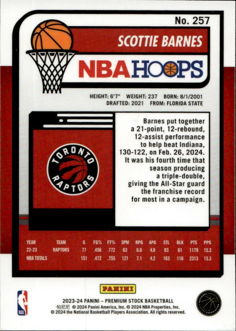 2023-24 Panini NBA Hoops Premium Stock - Base #257 Scottie Barnes - Toronto Raptors - B