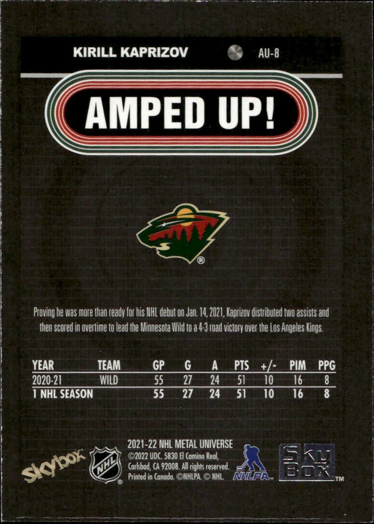 2021-22 Upper Deck Skybox Metal Universe Hockey - Amped Up #AU-8 Kirill Kaprizov - Minnesota Wild - B
