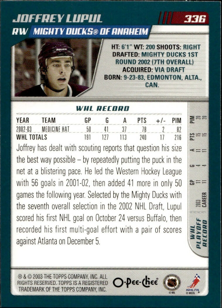 2003-04 O-Pee-Chee - Base #336 Joffrey Lupul - Mighty Ducks of Anaheim - B