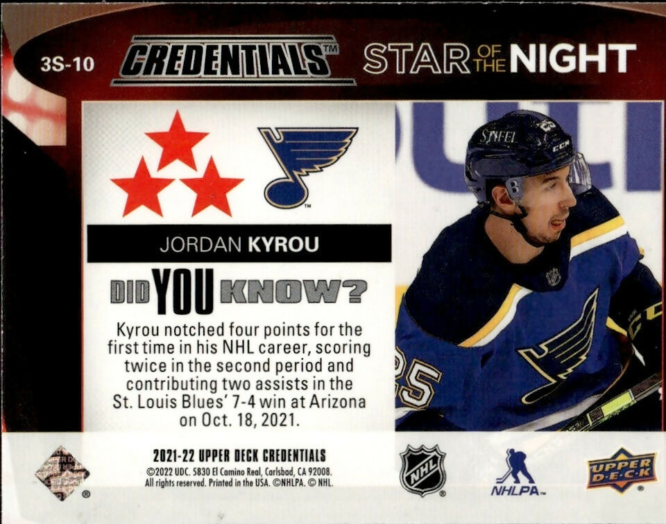 2021-22 Upper Deck Credentials - Star Of The Night - 3 Stars - #3S-10 Jordan Kyrou - St. Louis Blues - B