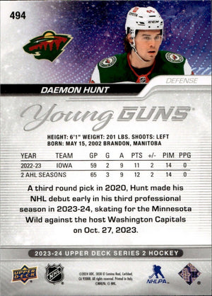 2023-24 Upper Deck Series 2 Hockey - Base - Young Guns #494 Daemon Hunt - Minnesota Wild - B