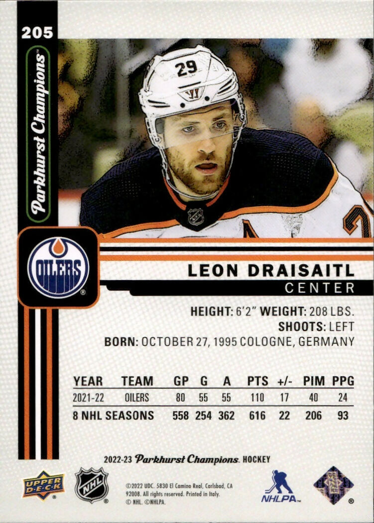 2022-23 Upper Deck Parkhurst Champions - Base #205 Leon Draisaitl - Edmonton Oilers - B