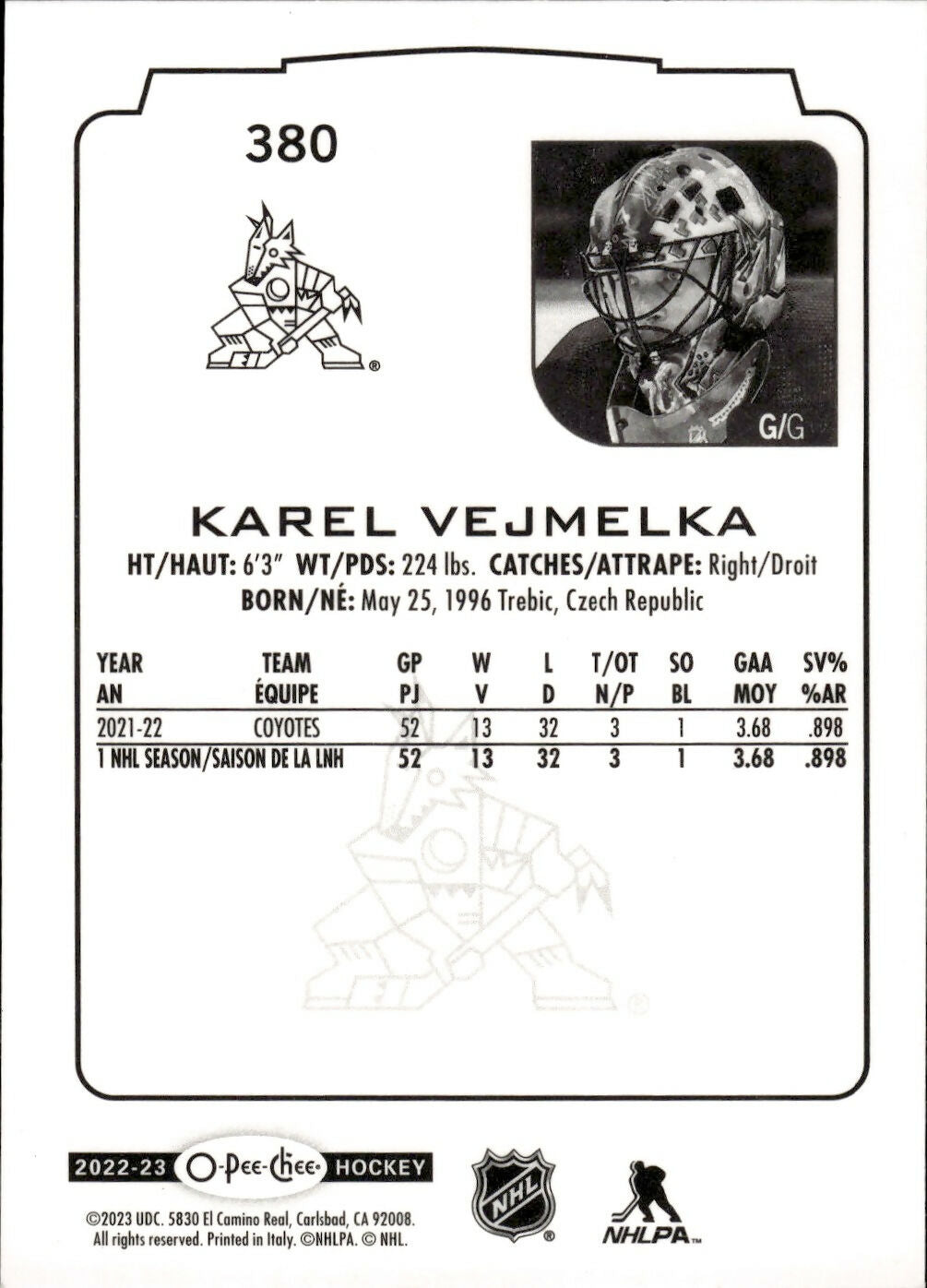 2022-23 Upper Deck O-Pee-Chee Hockey - Base - #380 Karel Vejmelka - Arizona Coyotes