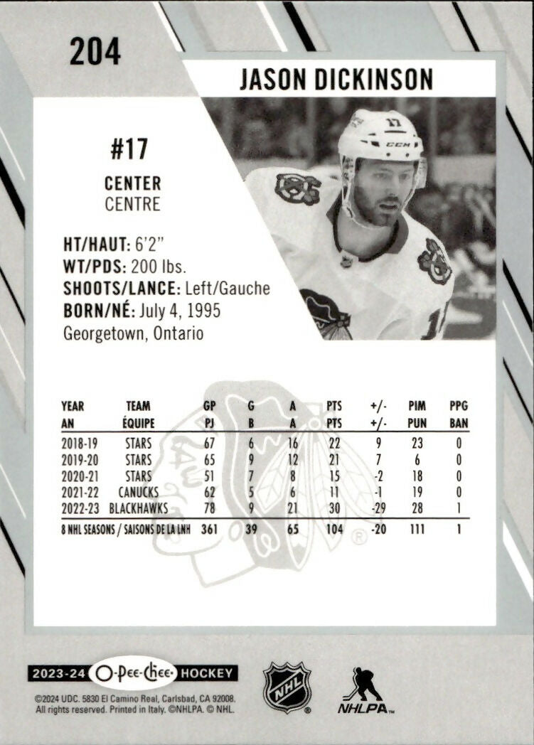 2023-24 Upper Deck O-Pee-Chee Hockey - Base #204 Jason Dickenson - Chicago Blackhawks