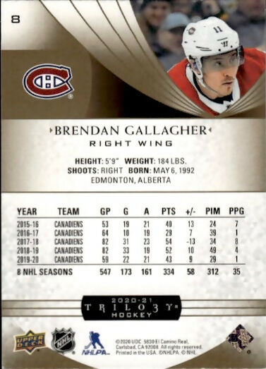 2020-21 Upper Deck Trilogy Hockey - Base #8 Brendan Gallagher - Montreal Canadiens