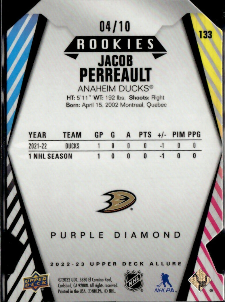 2022-23 Upper Deck Allure Hockey - Base - Purple Diamond /10 #133 Jacob Perreault - Anaheim Ducks