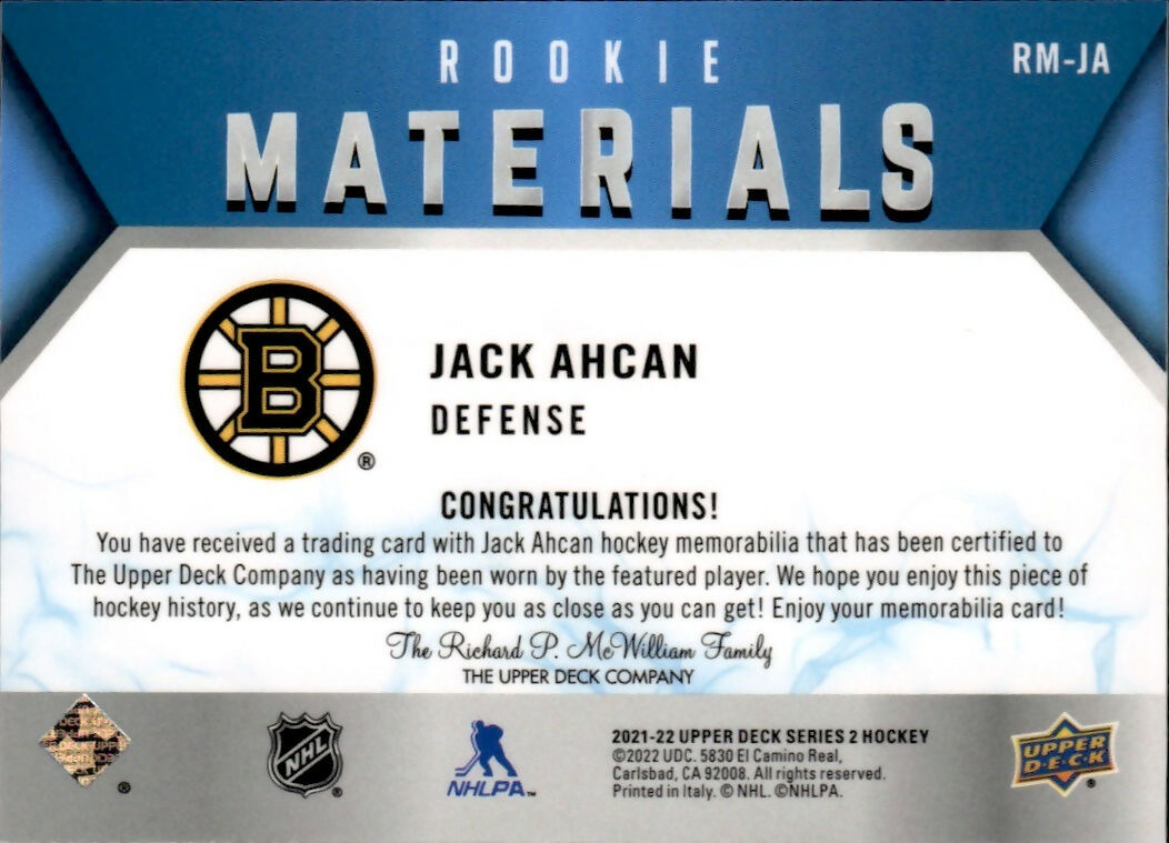 2021-22 Upper Deck Series 2 Hockey - Rookie Materials #RM-JA Jack Achan - Boston Bruins - B