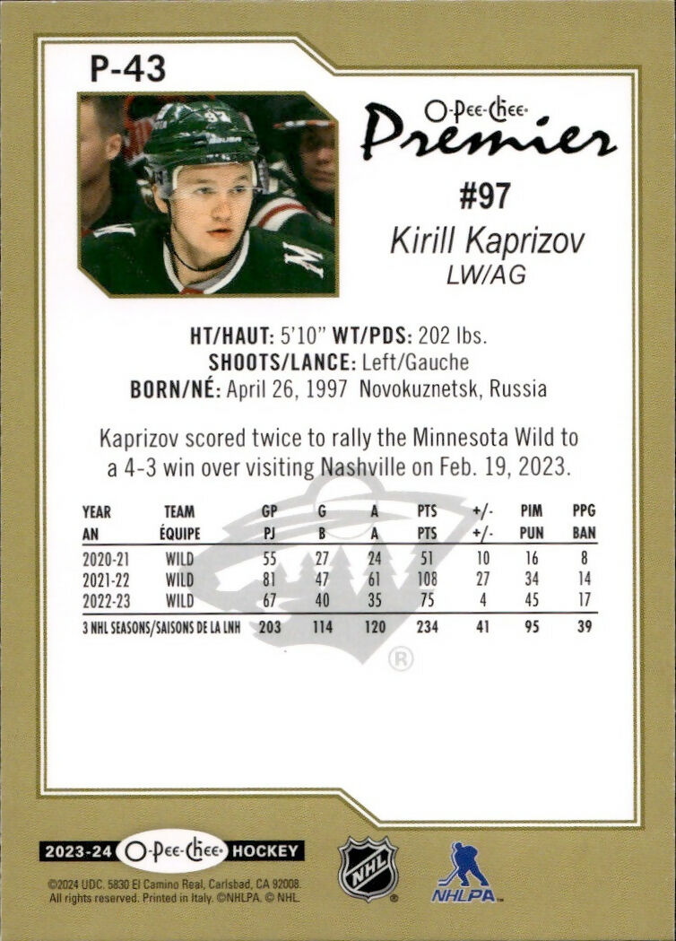 2023-24 Upper Deck O-Pee-Chee Hockey - Premiers #P-43 Kirill Kaprizov - Minnesota Wild - B