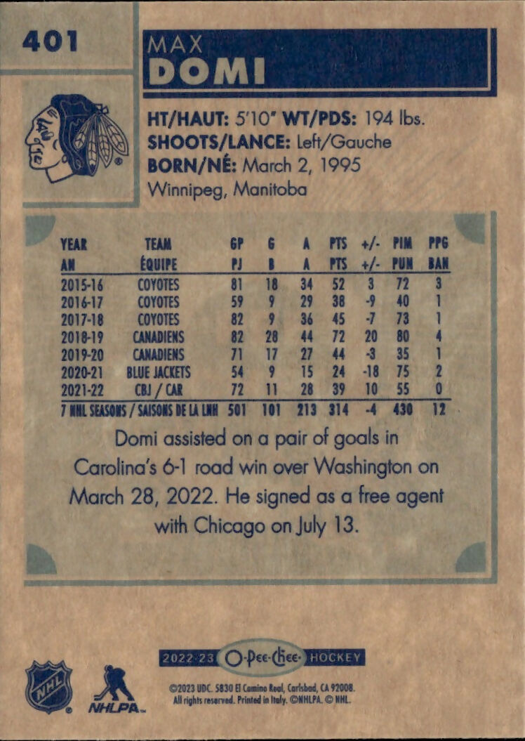 2022-23 Upper Deck O-Pee-Chee - Retro #401 Max Domi - Chicago Blackhawks - B