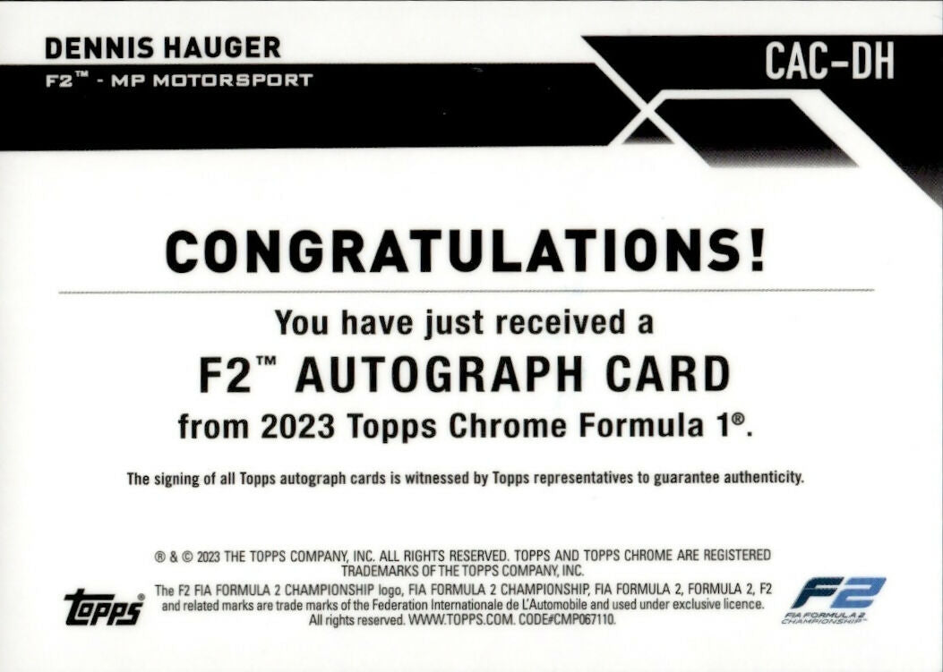 2023 Topps Chrome Formula 1 - Base - F2 #CAC-HD Dennis Hauger - MP Motorsport - B