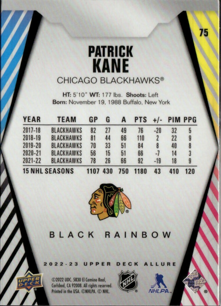 2022-23 Upper Deck Allure Hockey - Base - Black Rainbow #75 Patrick Kane - Chicago Blackhawks