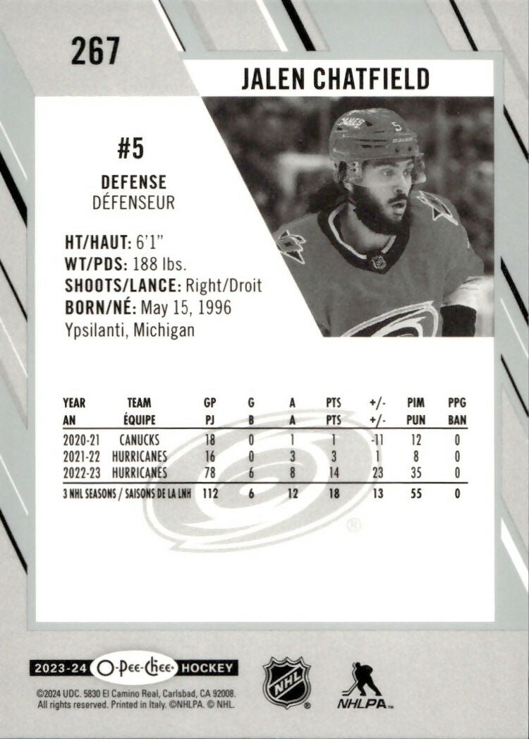 2023-24 Upper Deck O-Pee-Chee Hockey - Base #267 Jalen Chatfield - Carolina Hurricanes