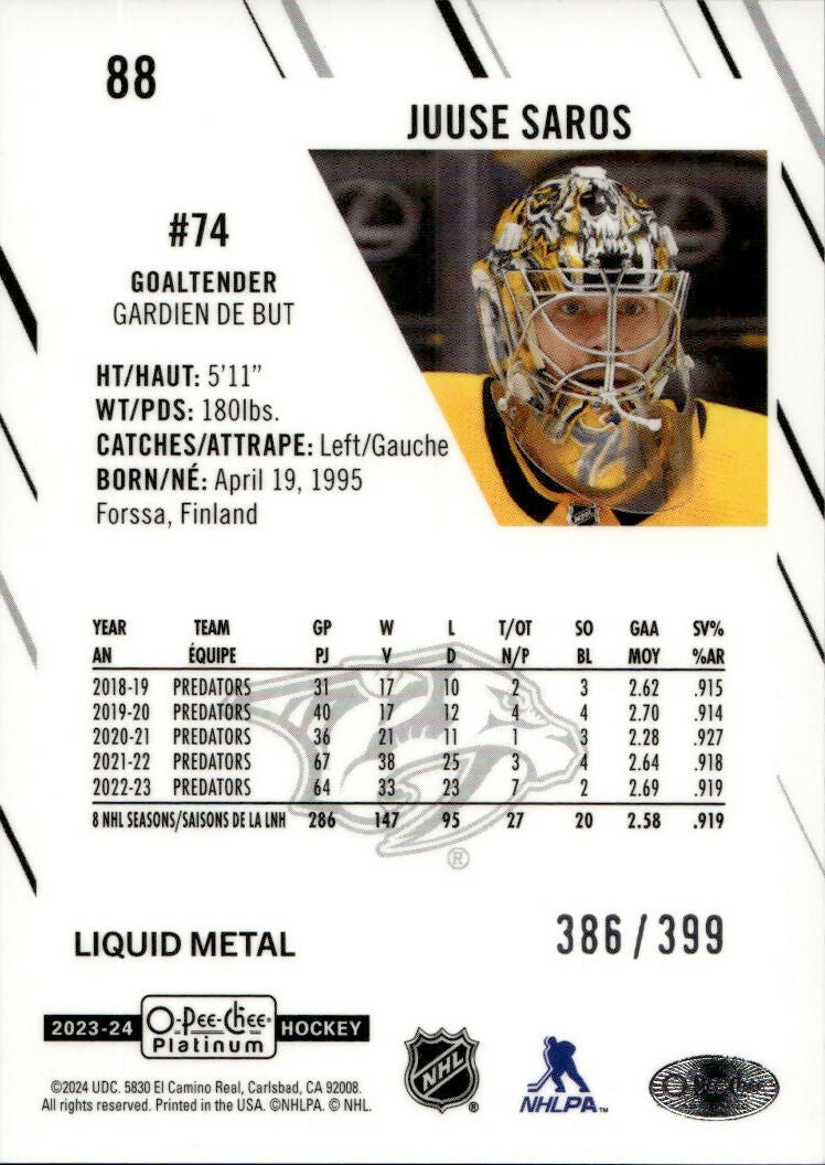 2023-24 Upper Deck O-Pee-Chee Plaitinum Hockey - Base - Liquid Metal :399 #88 Juuse Saros - Nashville Predators - B