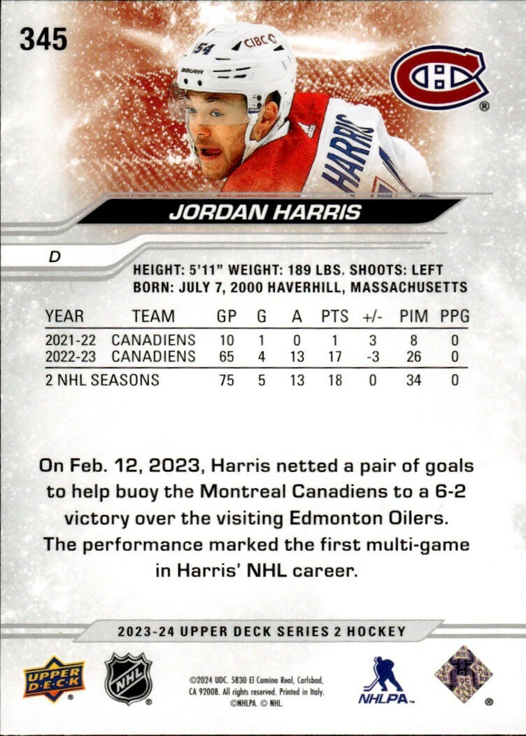 2023-24 Upper Deck Series 2 Hockey - Base #345 Jordan Haris - Montreal Canadiens - B