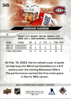 2023-24 Upper Deck Series 2 Hockey - Base #345 Jordan Haris - Montreal Canadiens - B