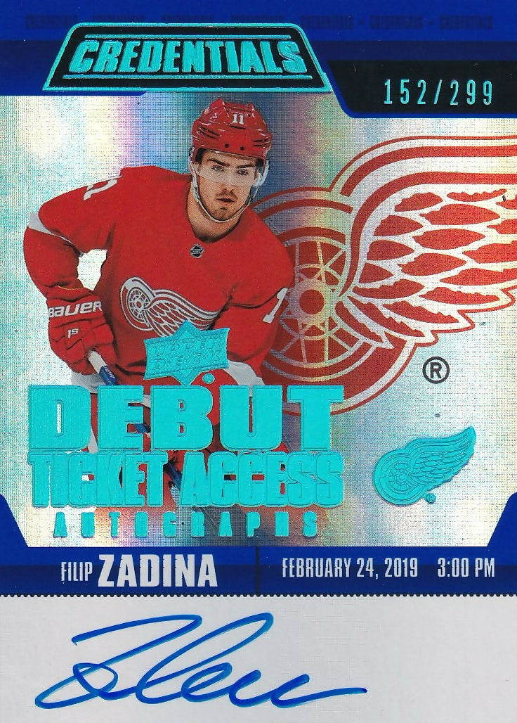 2019-20 Upper Deck Credentials Debut Ticket Access Autographs Auto #RTAA-FZ Filip Zadina Detroit Red Wings