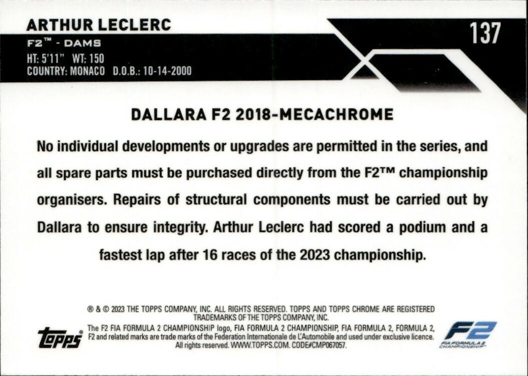 2023 Topps Chrome Formula 1 Base #137 - F2 Cars Arthur LeClerc - F2 Dams - B