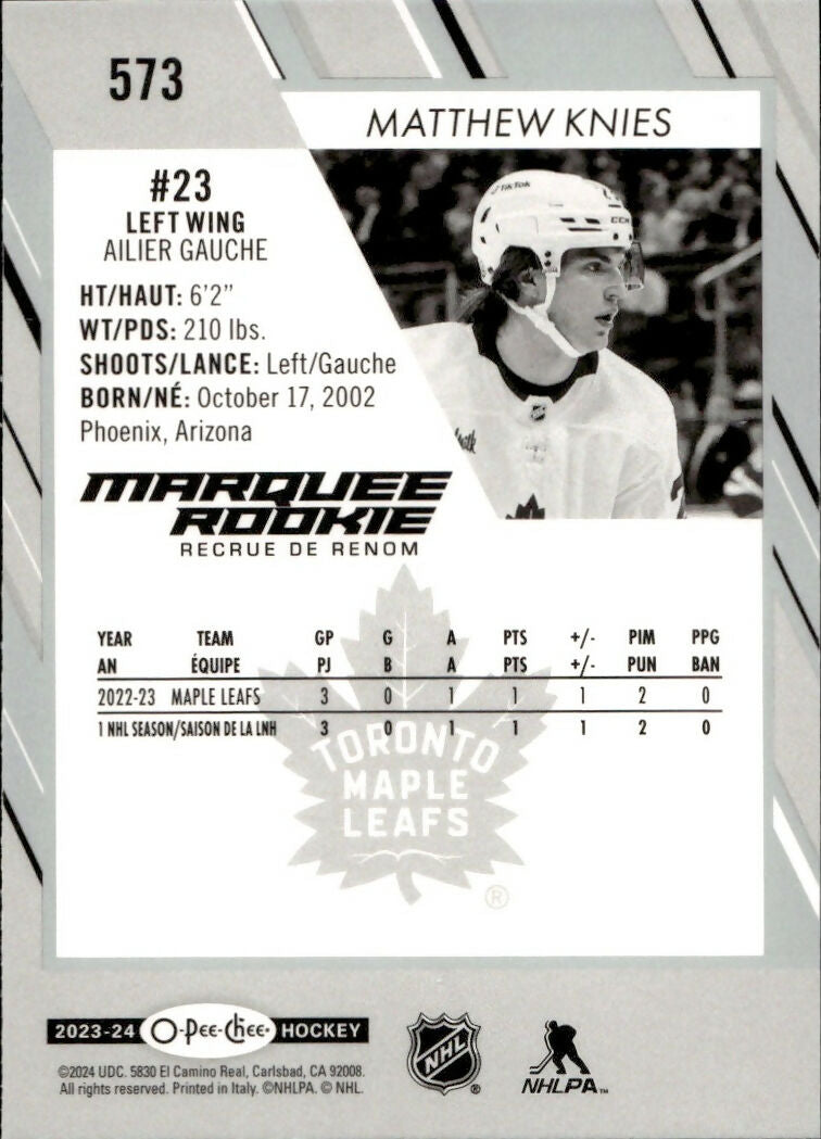 2023-24 Upper Deck O-Pee-Chee Hockey - Base - Marquee Rookies #573 Matthew Knies - Toronto Maple Leafs - B