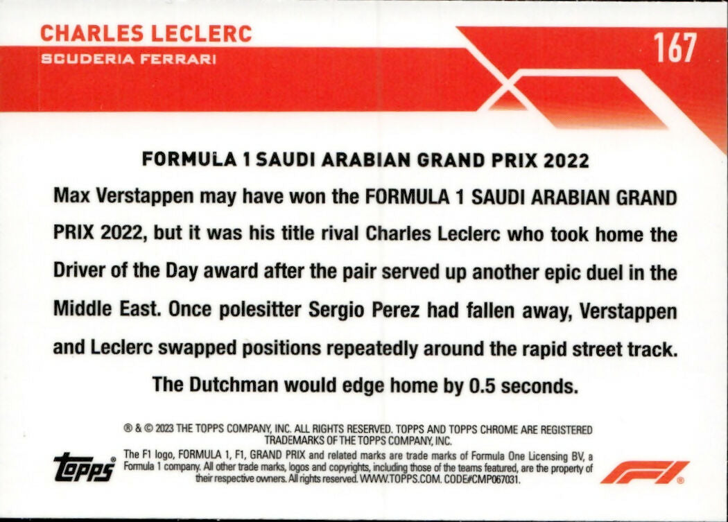 2023 Topps Chrome Formula 1 Base #167 - Grand Prix Driver Of The Day Charles LeClerc - Scuderia Ferrari - B
