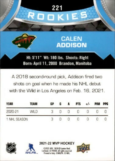 2021-22 Upper Deck MVP Hockey - Base - Ice Battles - Blue - Rookies #221 Calen Addison - Minnesota Wild