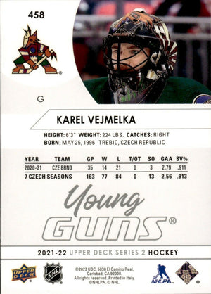 2021-22 Upper Deck Series 2 Hockey - Young Guns #458 Karel Vejmelka - Arizona Coyotes - B