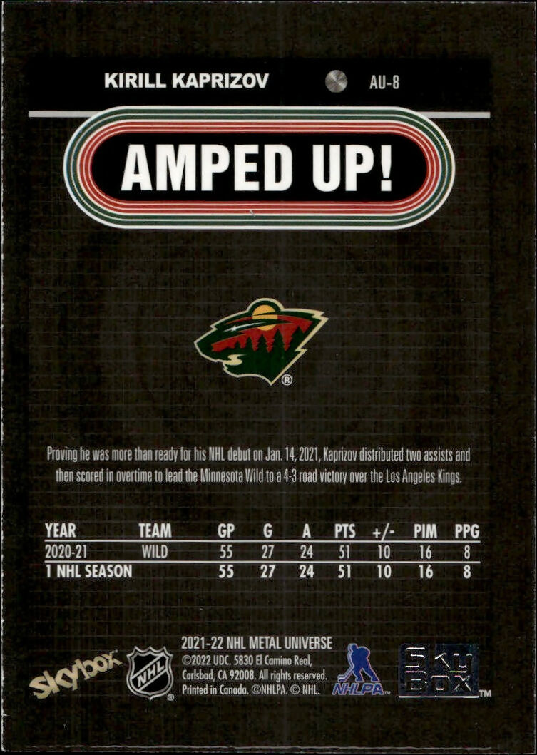 2021-22 Upper Deck Skybox Metal Universe Hockey - Amped Up #AU-8 Kirill Kaprizov - Minnesota Wild - B