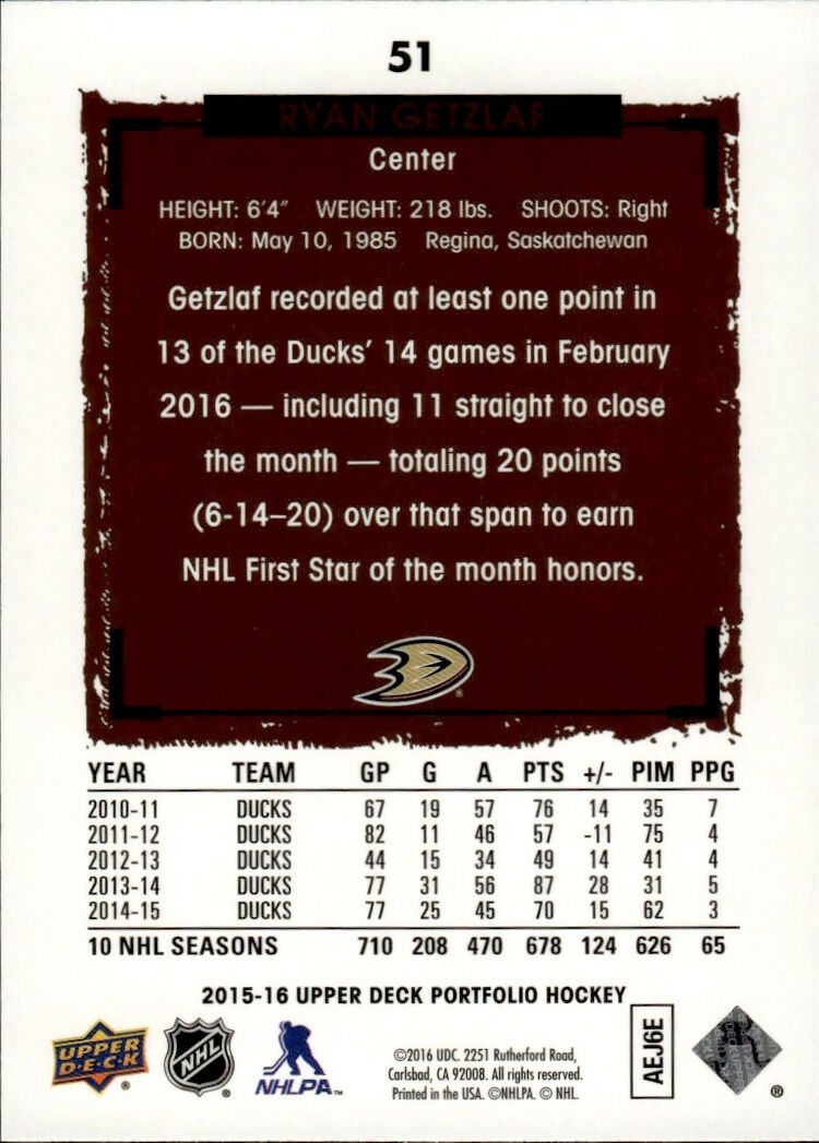 2015-16 Upper Deck Portfolio Hockey - Base #51 Ryan Getzlaf - Anaheim Ducks