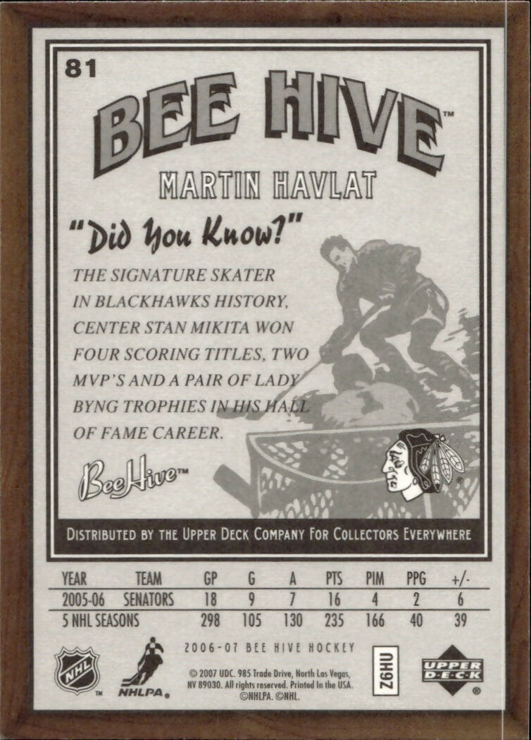 2006-07 Upper Deck - Bee Hive Hockey - Base #81 Martin Havlat - Chicago Blackhawks - B