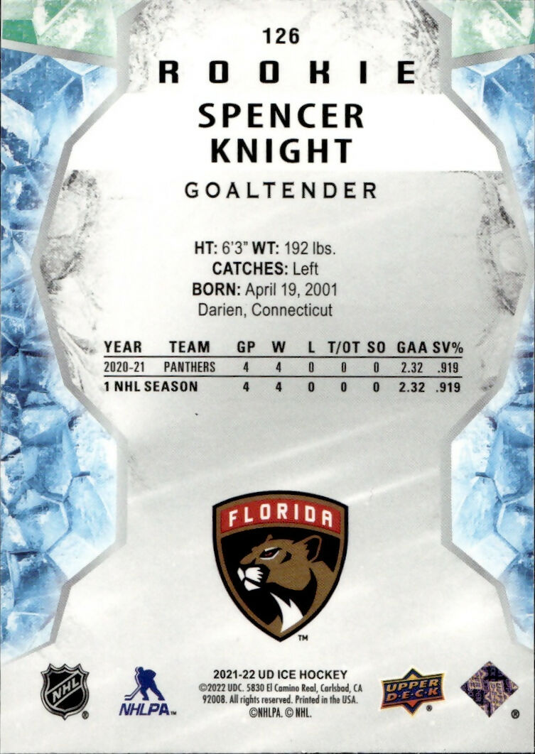 2021-22 Upper Deck Ice Hockey - Base - Rookie - Green #126 Spencer Knight - Florida Panthers - B