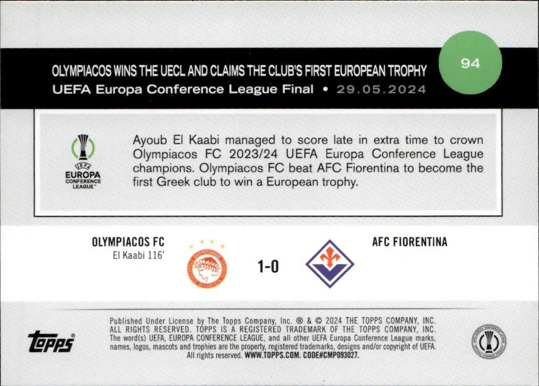 2024-25 Topps UEFA Club Competitions - Base #94 Olympiacos FC - Uefa Europa Conference League Final - B