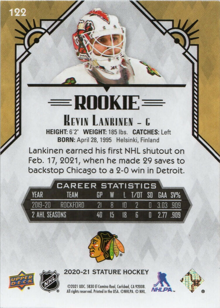 2020-21 Upper Deck Stature - Base - Red :85 #122 Kevin Lankinen - Chicago Blackhawks - B