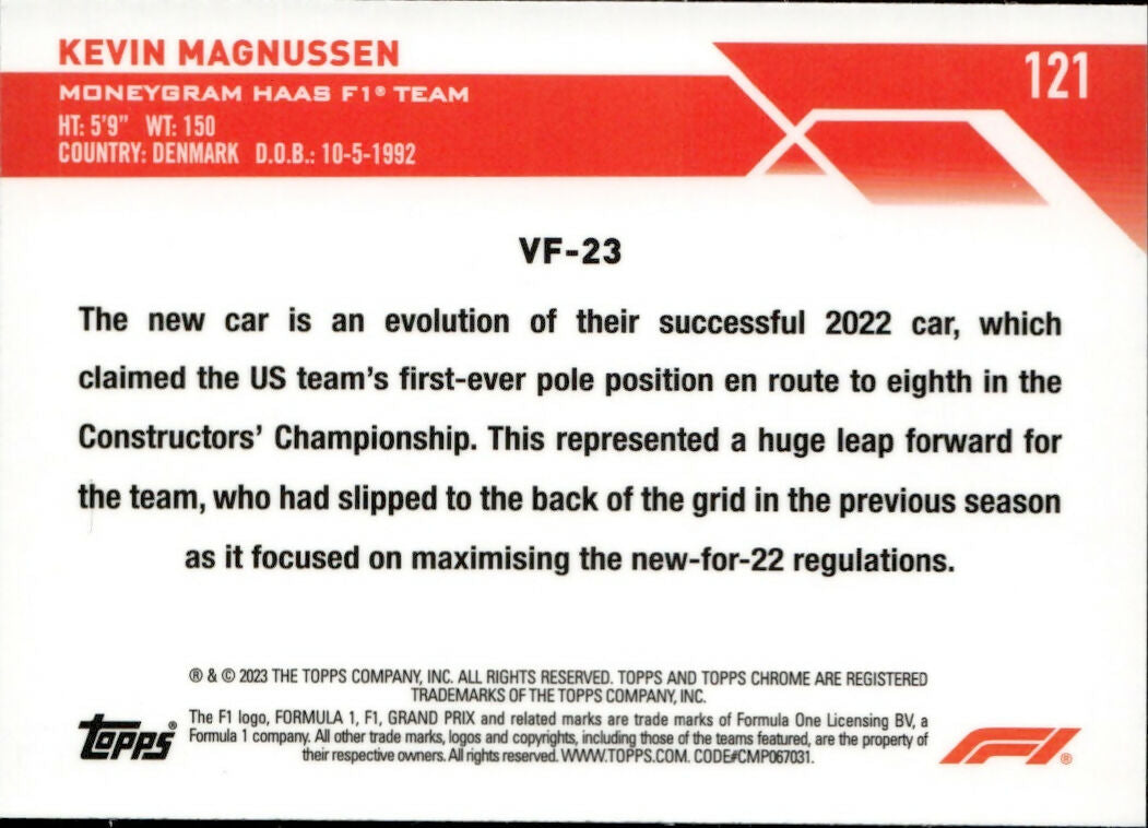 2023 Topps Chrome Formula 1 Base #121 - F1 Cars Kevin Magnussen - Moneygram Haas F1 Team - B