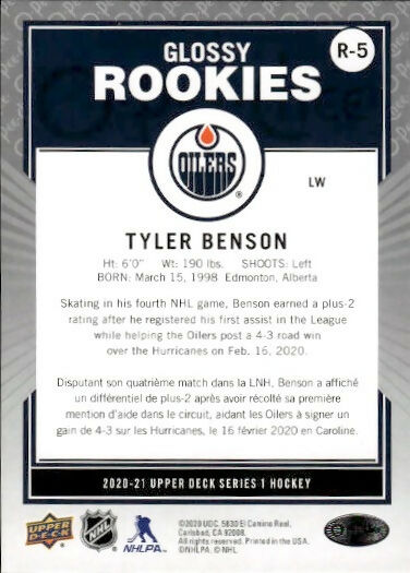 2020-21 Upper Deck Series 1 Hockey - Glossy Rookies - #R-5 Tyler Benson - Edmonton Oilers