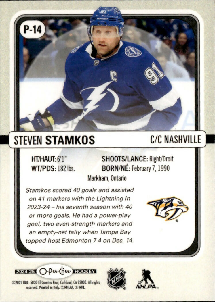 2024-25 Upper Deck O-Pee-Chee - Premier #P-14 Steven Stamkos - Tampa Bay Lightning - B