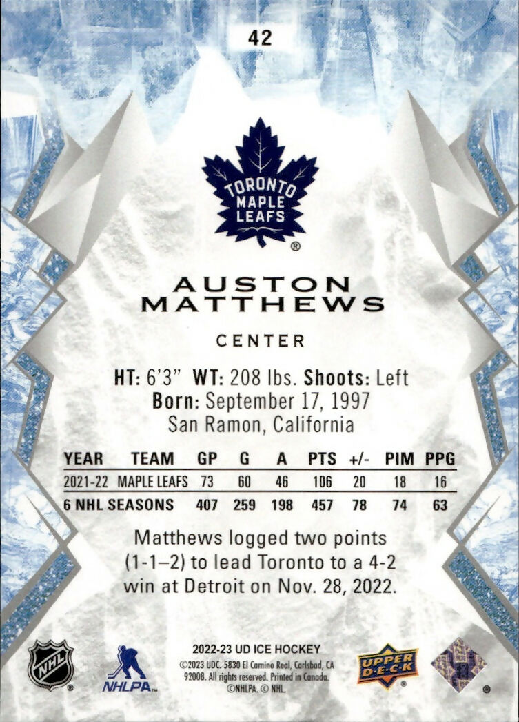 2022-23 Upper Deck Ice Hockey - Base #42 Auston Matthews - Toronto Maple Leafs - B