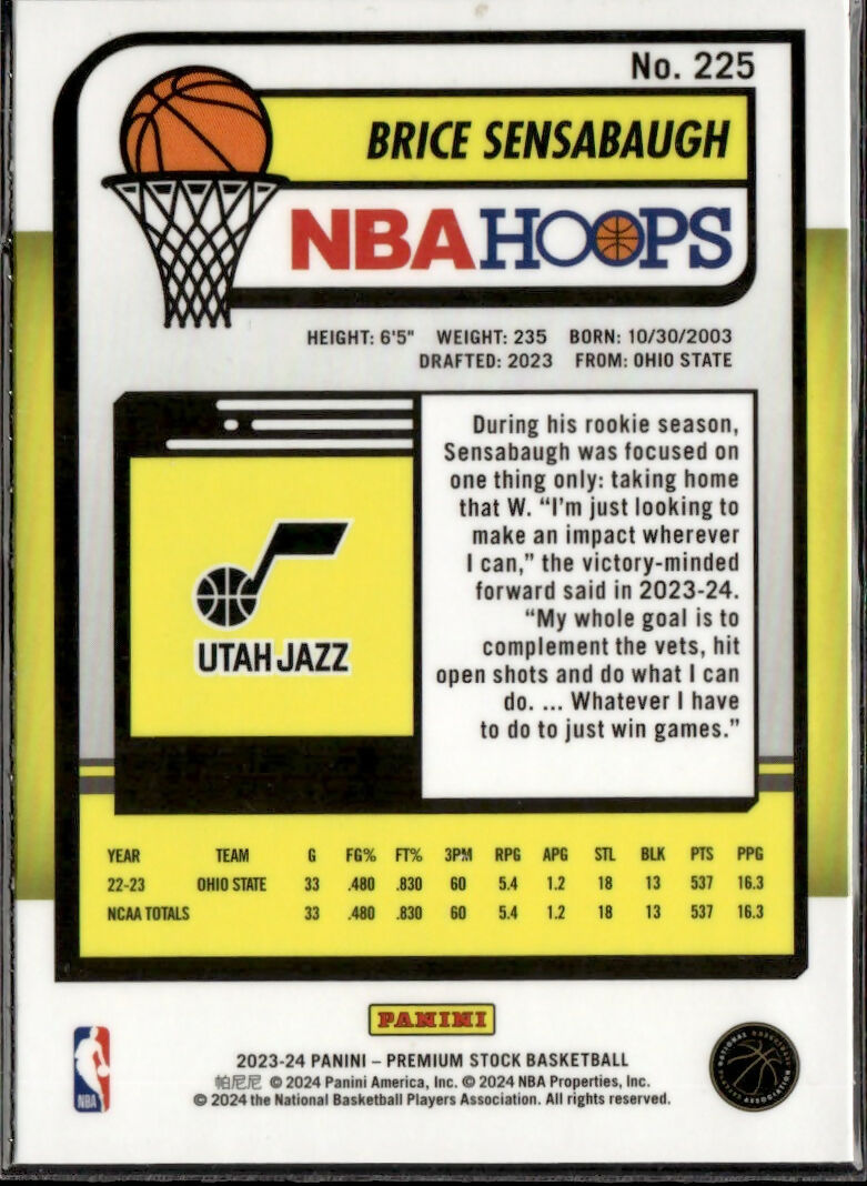 2023-24 Panini NBA Hoops Premium Stock - Base #225 Brice Sensabaugh - Utah Jazz - B