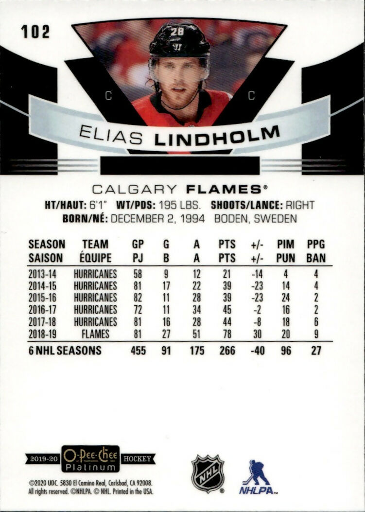 2019-20 Upper Deck O-Pee-Chee Platinum Hockey - Base #102 Elias Lindholm - Calgary Flames