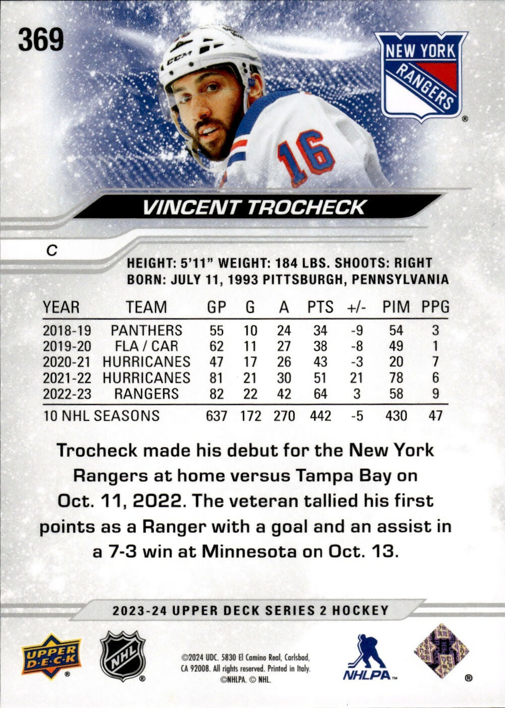 2023-24 Upper Deck Series 2 Hockey - Base #369 Vincent Trocheck - New York Rangers