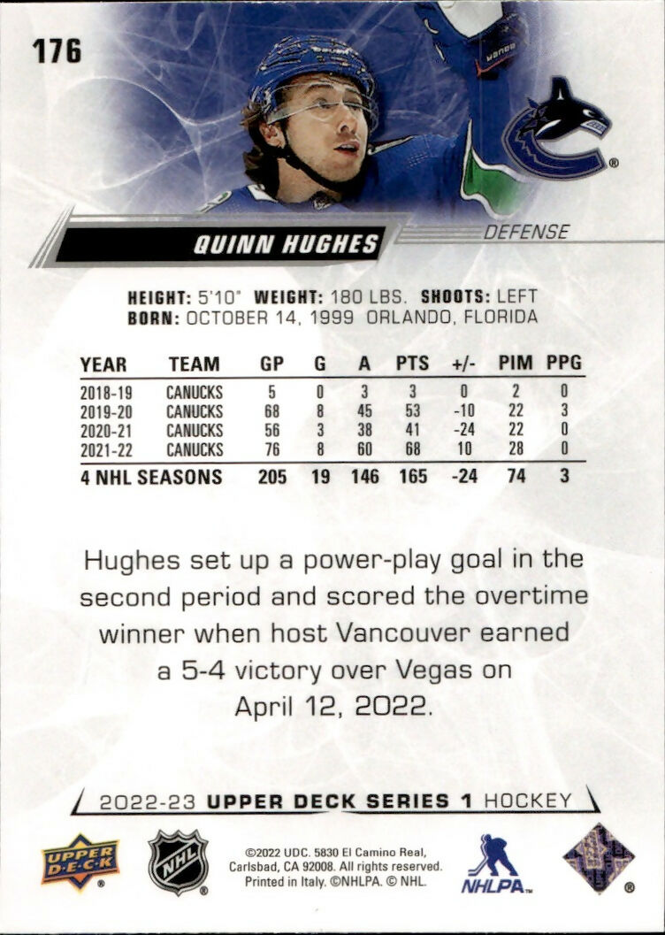 2022-23 Upper Deck Series 1 Hockey - Base #176 Quinn Hughes - Vancouver Canucks - B