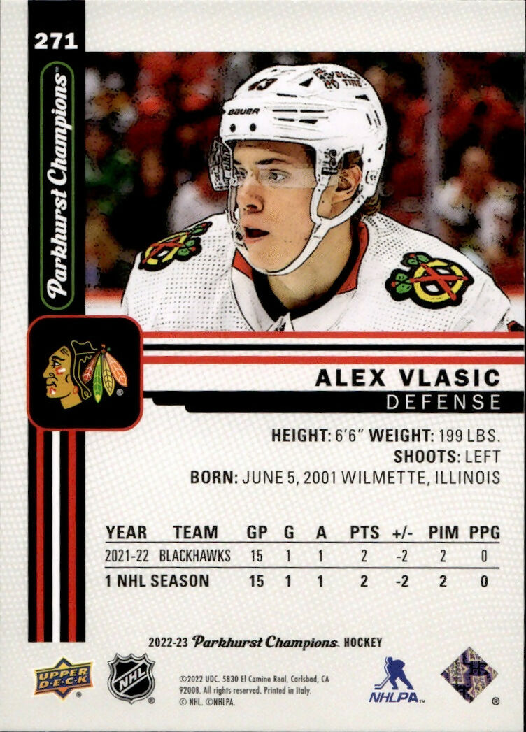 2022-23 Upper Deck Parkhurst Champions - Base #271 Alex Vlasic - Chicago Blackhawks - B