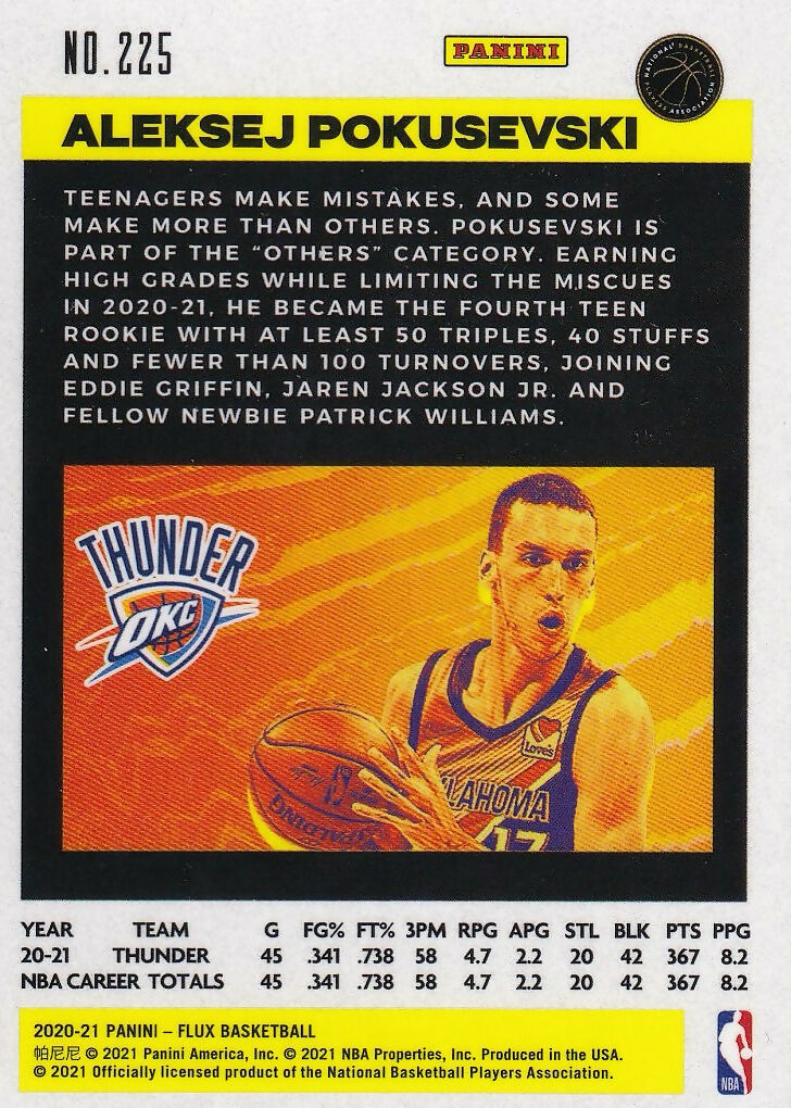 2020-21 Panini Flux Pulsar #225 Aleksej Pokusevski Oklahoma City Thunder Rookie