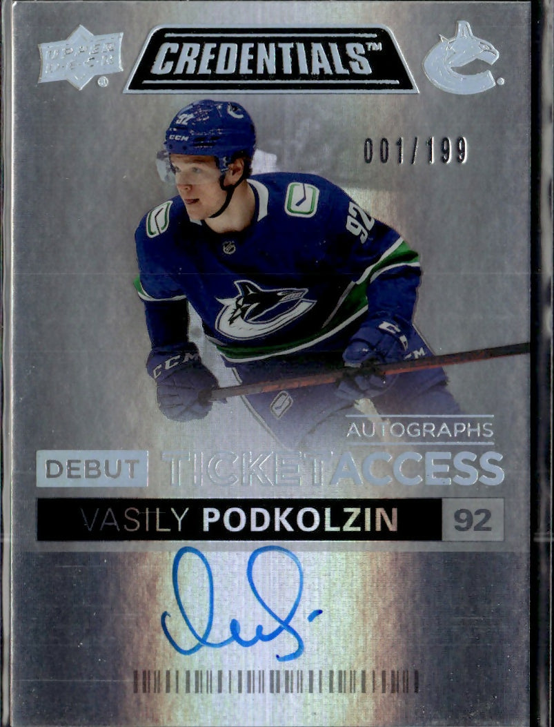 2021-22 Upper Deck Credentials - Base - Debut Ticket Access - Auto :199 #DTAA-VP Vasily Podkolzin - Vancouver Canucks - A