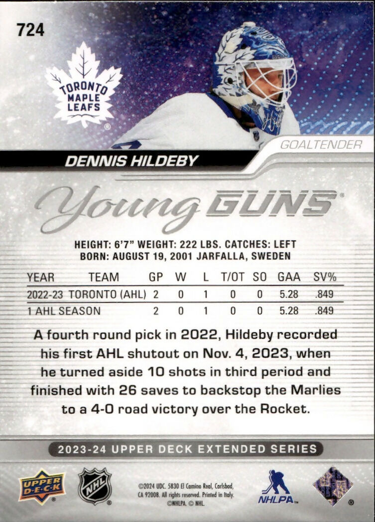 2023-24 Upper Deck Extended Series Hockey - Base - Young Guns #724 Dennis Hildeby - Toronto Maple leafs - B