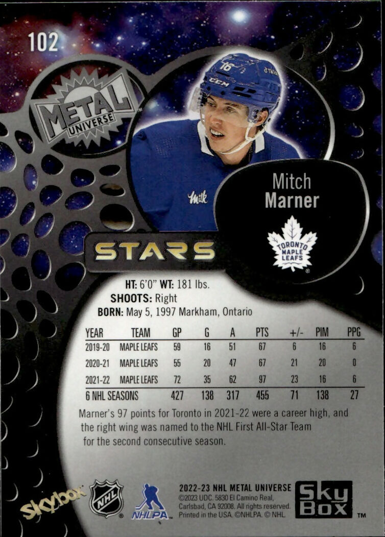 2022-23 Upper Deck Skybox Metal Universe - Base - Stars #102 Mitch Marner - Toronto Maple Leafs - B