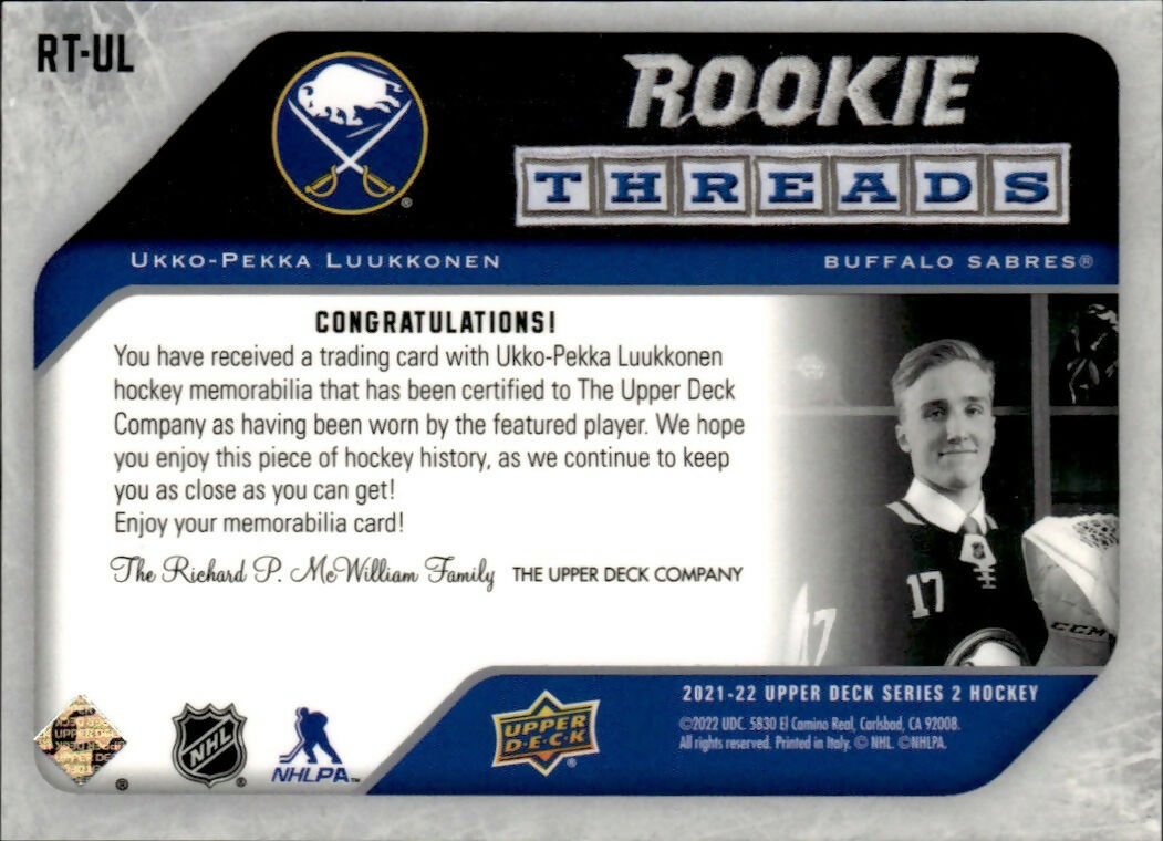 2021-22 Upper Deck Series 2 Hockey - Rookie Threads #RT-UL Ukko-Pekka Luukkonen - Buffalo Sabres - B