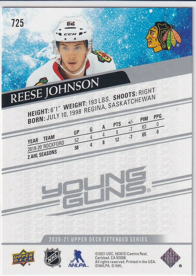 2020-21 Upper Deck #725 Reese Johnson Chicago Blackhawks Rookie