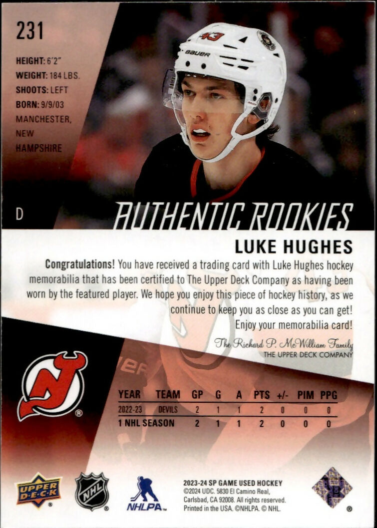 2023-24 Upper Deck SP Game Used Hockey - Base - Red #231 Luke Hughes - New Jersey Devils - B